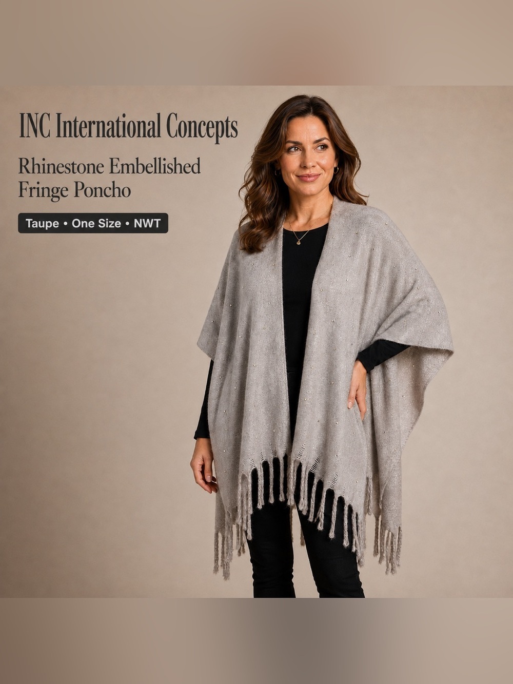 INC International Concepts
Rhinestone Embellished Fringe Poncho
One Size NWT